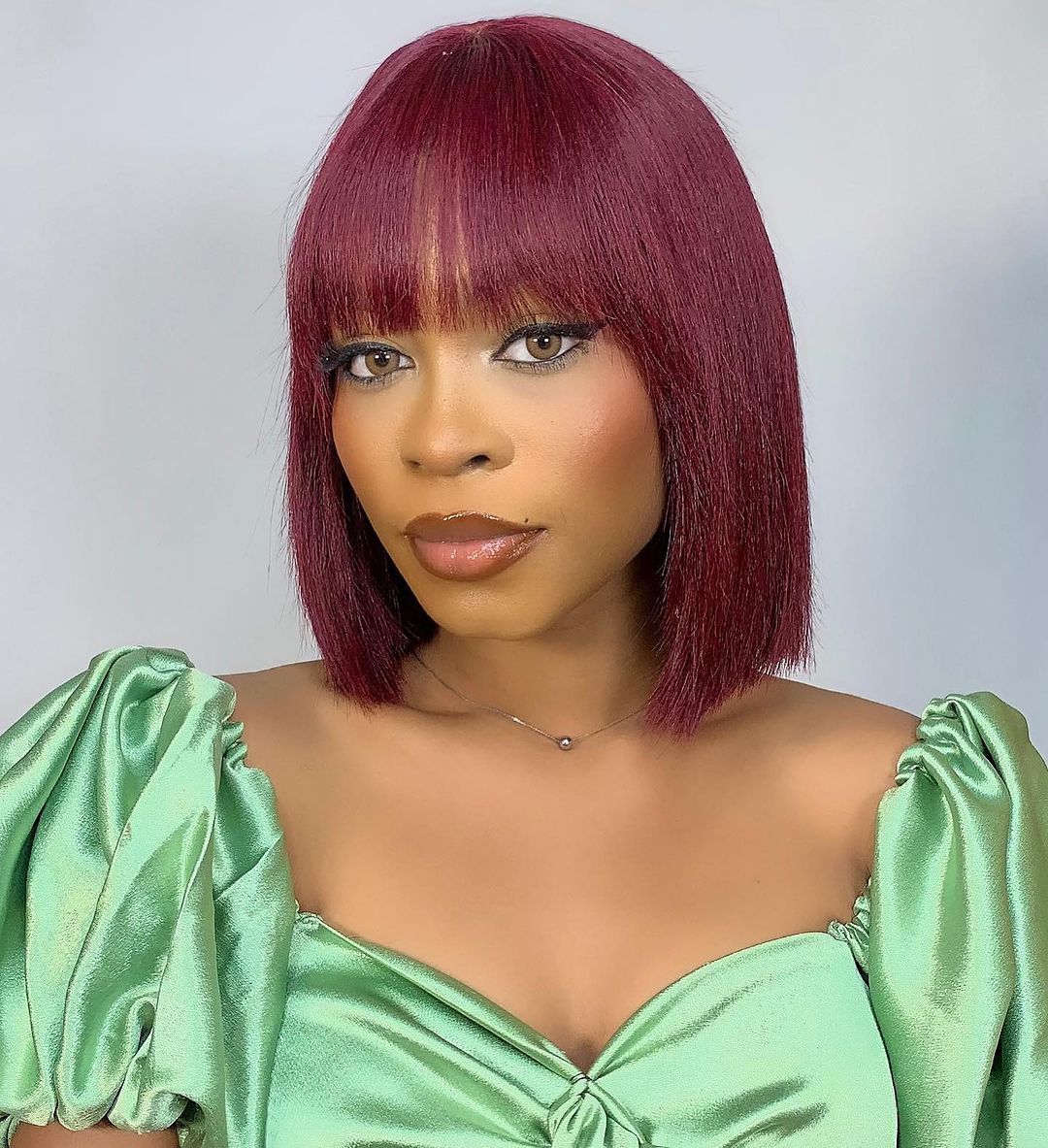 10 Inches Reddish Purple Layered Cut Yaki Straight #99J Lace Bob Wig With Bangs