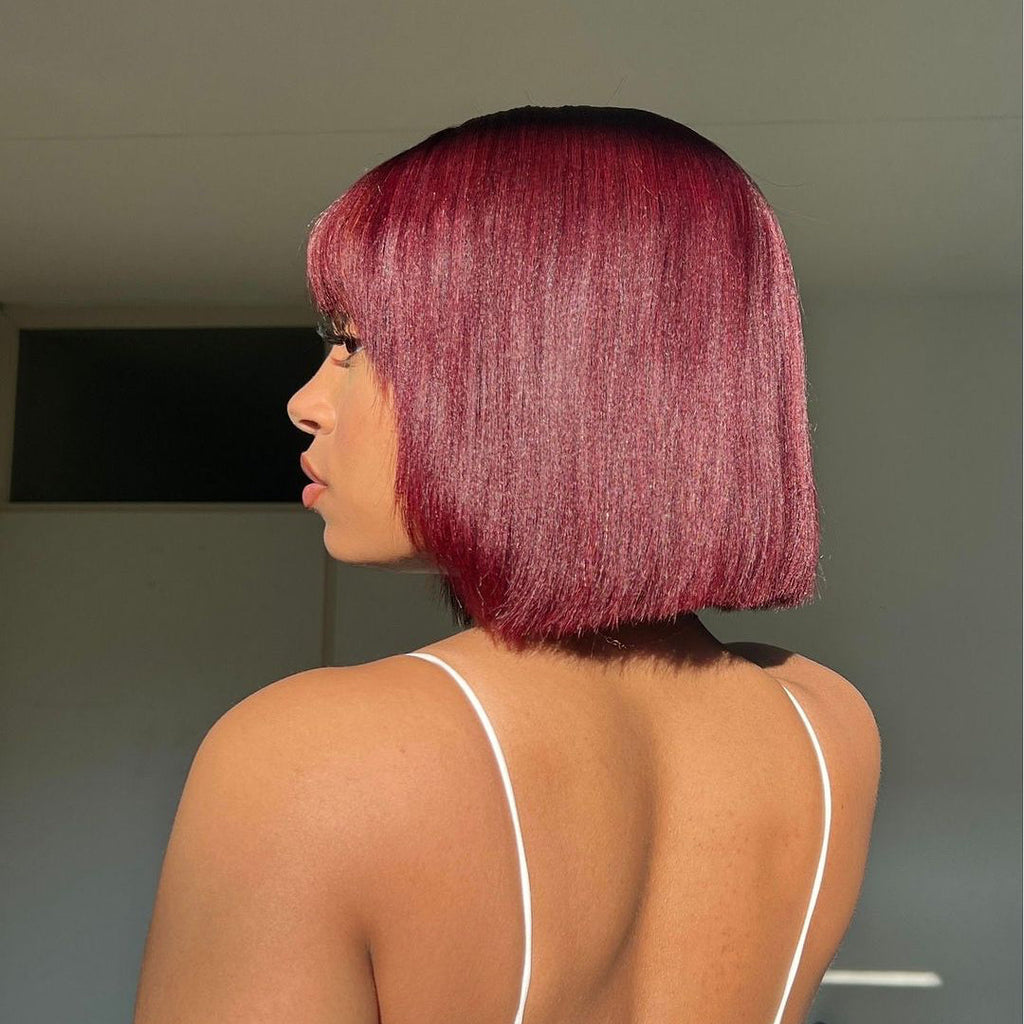 10 Inches Reddish Purple Layered Cut Yaki Straight #99J Lace Bob Wig With Bangs