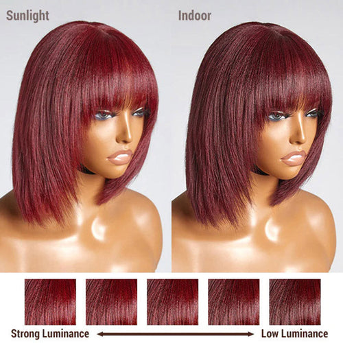 10 Inches Reddish Purple Layered Cut Yaki Straight #99J Lace Bob Wig With Bangs